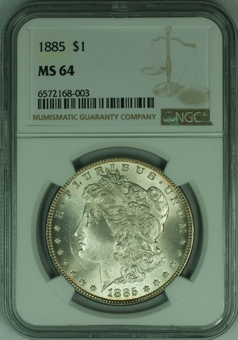 NGC MS 64 Certified 1885 Morgan Dollar Silver Coin: NGC MS 64 Certified 1885 Morgan Dollar Silver Coin This 1885 Morgan Silver Dollar $1 coin has been certified by NGC with a grade of MS-64. Struck at the Philadelphia Mint, the coin is uncirculated and