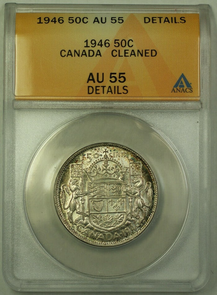 Canada 1946 Silver 50 Cent George VI Coin Graded AU-55 ANACS: Canada 1946 Silver 50 Cent George VI Coin Graded AU-55 ANACS This is a 1946 Canada 50 cents half dollar silver coin featuring King George VI. The coin is composed of 80% silver and has been graded AU-
