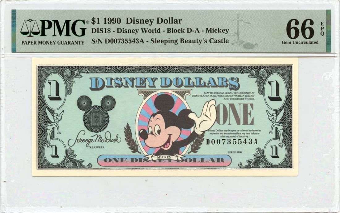 1990 Disney Dollar Mickey Mouse at Sleeping Beauty's Castle PMG Gem66 EPQ (1 of 2)