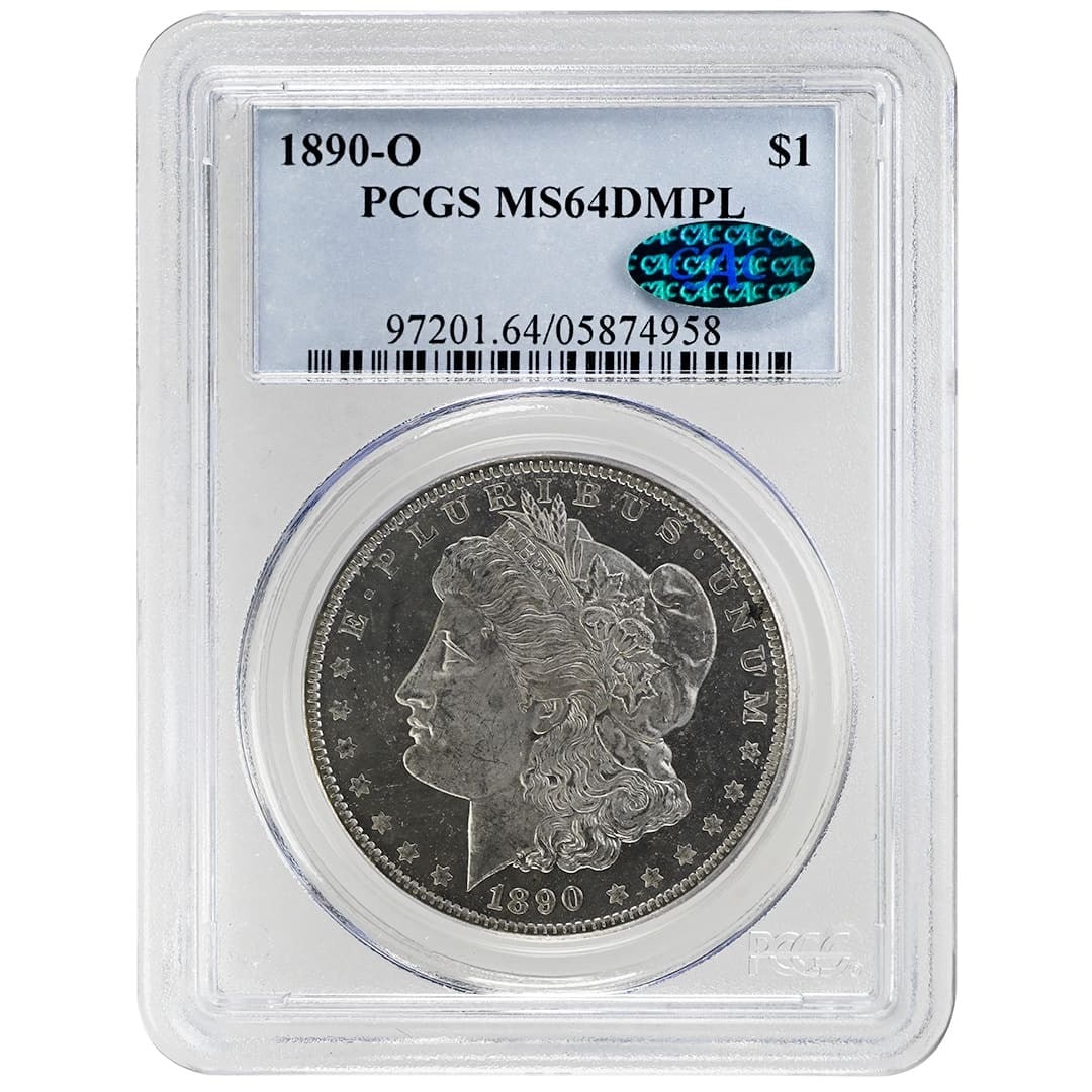 1890-O Morgan Dollar PCGS MS64DMPL Deep Mirror Proof-Like Coin: 1890-O Morgan Dollar PCGS MS64DMPL Deep Mirror Proof-Like Coin This 1890-O $1 Morgan Dollar is a rare and collectible coin, graded MS64DMPL by PCGS and CAC certified, indicating its exceptional qualit