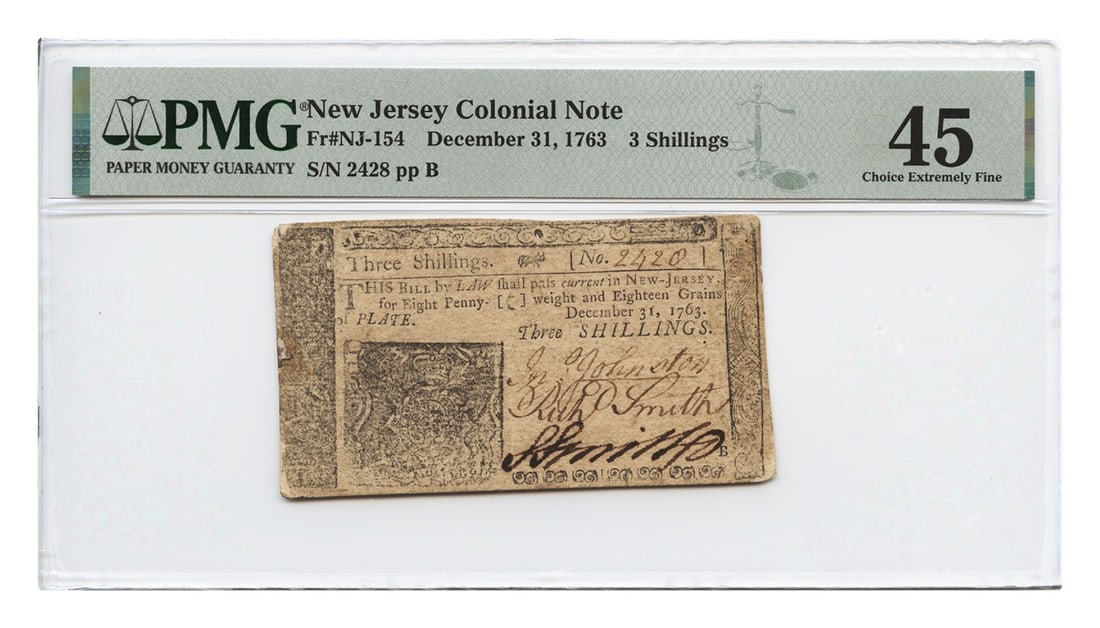 PMG Certified 1763 New Jersey 3 Shillings Colonial Note XF45: PMG Certified 1763 New Jersey 3 Shillings Colonial Note XF45 This historical 3 Shillings New Jersey Colonial Note, dated December 31, 1763, is certified by PMG with a grade of Choice XF45. It represen