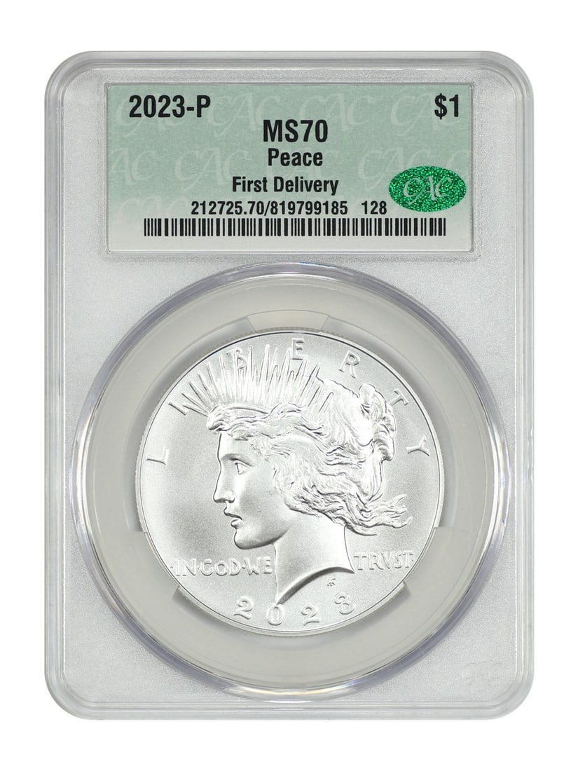 2023 Philadelphia Peace Dollar CACG MS70 First Delivery $1 Coin: 2023 Philadelphia Peace Dollar CACG MS70 First Delivery $1 Coin This 2023-P Peace Dollar is a modern commemorative coin graded MS70 by CACG, indicating a flawless uncirculated condition. Struck at the