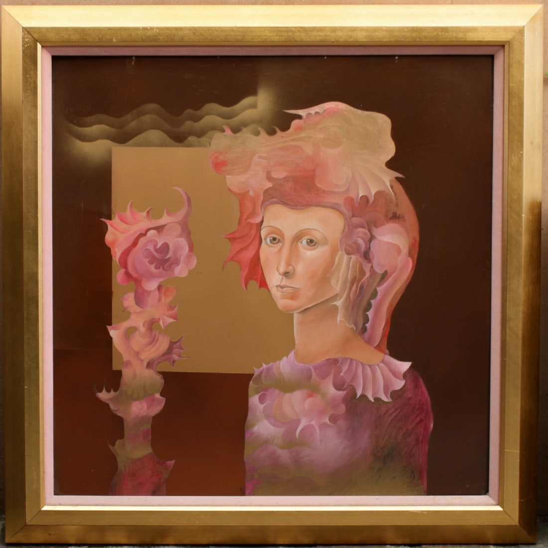 Framed French Surrealism Oil Painting Signed EDA 1987: Framed French Surrealism Oil Painting Signed EDA 1987 This stunning large oil painting showcases the essence of French Surrealism, featuring a captivating depiction of a lady with a dragon resting ato
