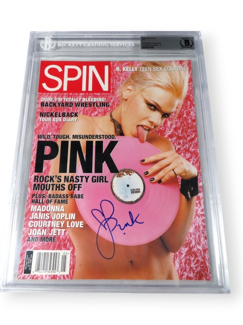 Pink Autographed May 2002 Magazine Cover Beckett Encased 10: Pink Autographed May 2002 Magazine Cover Beckett Encased 10 This is an original Pink autographed magazine cover from Spin, dated May 2002. The cover features a bold signature from the artist Pink, aut