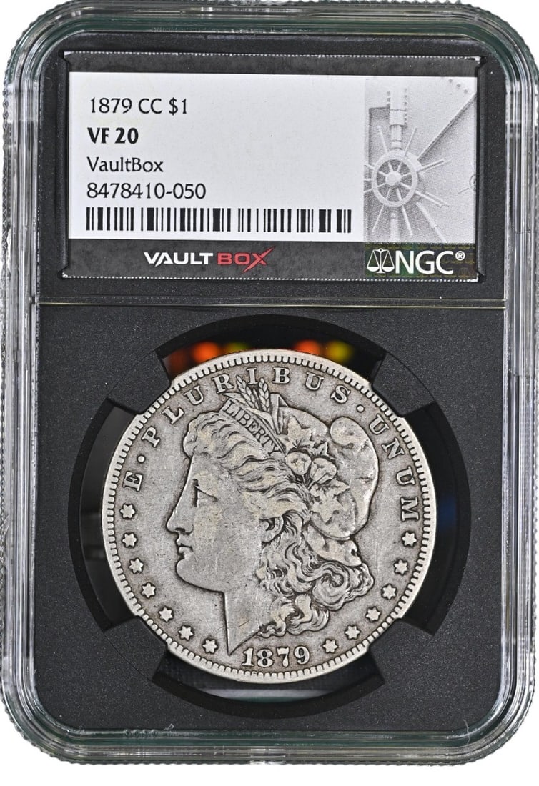 NGC VF20 1879 Carson City Morgan Silver Dollar: NGC VF20 1879 Carson City Morgan Silver Dollar This 1879-CC Morgan Dollar is certified by NGC with a grade of VF20, indicating it is in Very Fine condition. Minted in Carson City, this circulated coin