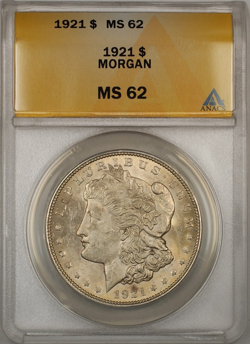 1921 Philadelphia Morgan Dollar Silver Coin ANACS MS-62 Certified: 1921 Philadelphia Morgan Dollar Silver Coin ANACS MS-62 Certified This 1921 Morgan Silver Dollar is certified by ANACS with a grade of MS-62. Struck at the Philadelphia Mint, this uncirculated coin is