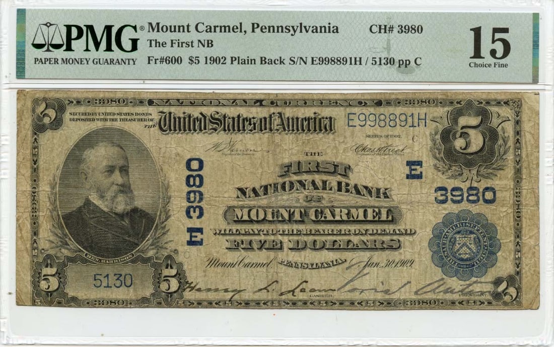 1902 $5 First National Bank Note Mount Carmel PA PMG F15: 1902 $5 First National Bank Note Mount Carmel PA PMG F15 This 1902 $5 First National Bank note from Mount Carmel, PA (CH#3980) is a collector's gem, graded PMG VF15. The note is in circulated conditio