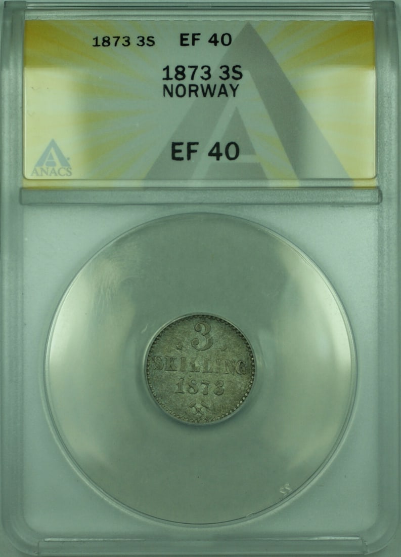 Norway 1873 3 Skilling Silver ANACS EF 40 Coin KM 338: Norway 1873 3 Skilling Silver ANACS EF 40 Coin KM 338 This 1873 3 Skilling silver coin from Norway is certified by ANACS with a grade of EF 40 (Extremely Fine). The coin is composed of silver and is c