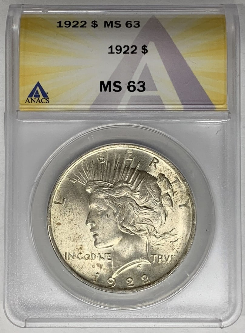 ANACS MS 63 1922 Peace Silver Dollar Uncirculated US Coin: ANACS MS 63 1922 Peace Silver Dollar Uncirculated US Coin This is a 1922 Peace Silver Dollar coin from the United States, featuring an uncirculated condition with a grade of MS 63. Certified by ANACS,