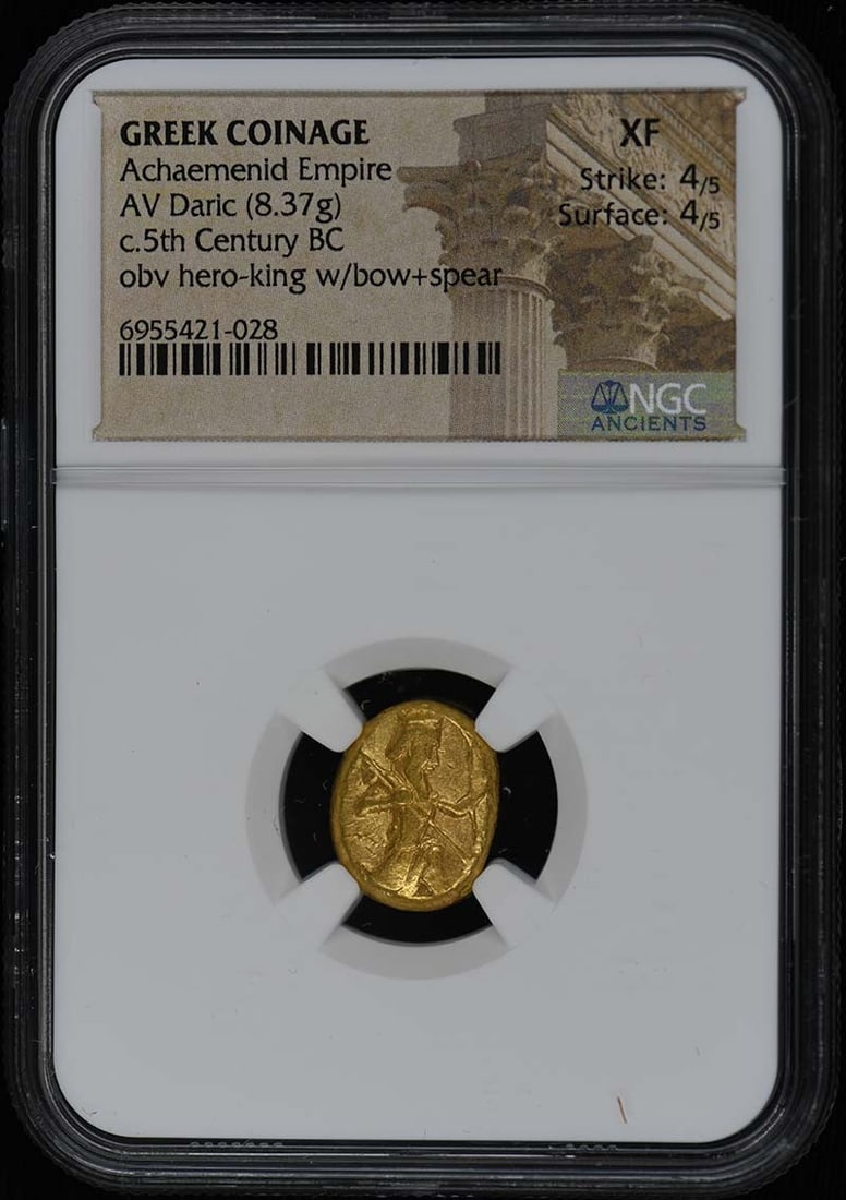 Achaemenid Empire AV Daric Ancient Greek Coin NGC XF40: Achaemenid Empire AV Daric Ancient Greek Coin NGC XF40 This ancient coin is an AV Daric from the Achaemenid Empire, dating back to the 5th century BC. Certified by NGC with a grade of XF40, this coin