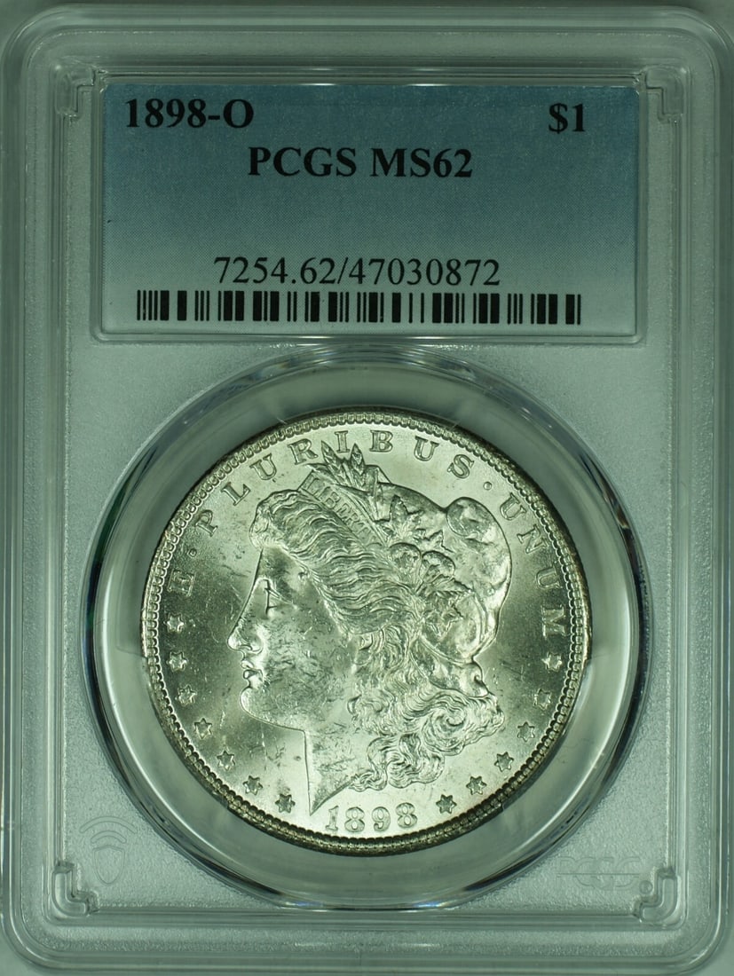 PCGS MS-62 1898-O New Orleans Morgan Dollar Silver Coin: PCGS MS-62 1898-O New Orleans Morgan Dollar Silver Coin This 1898-O Morgan Silver Dollar was minted in New Orleans and is composed of 90% silver. Certified by PCGS with a grade of MS-62, this uncircul