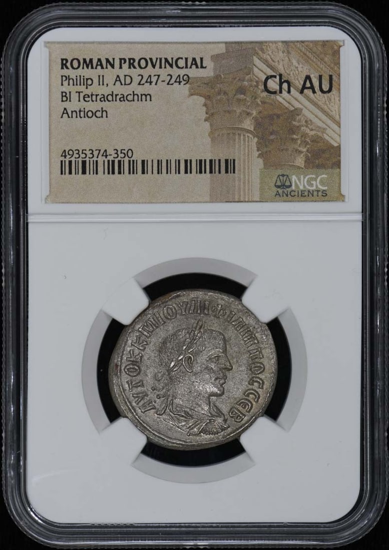 NGC AU55 Roman Provincial BI Tetradrachm of Philip II: NGC AU55 Roman Provincial BI Tetradrachm of Philip II This is a Roman Provincial Billon Tetradrachm from the reign of Philip II, dating to AD 247-249. The coin has been certified by NGC and assigned a