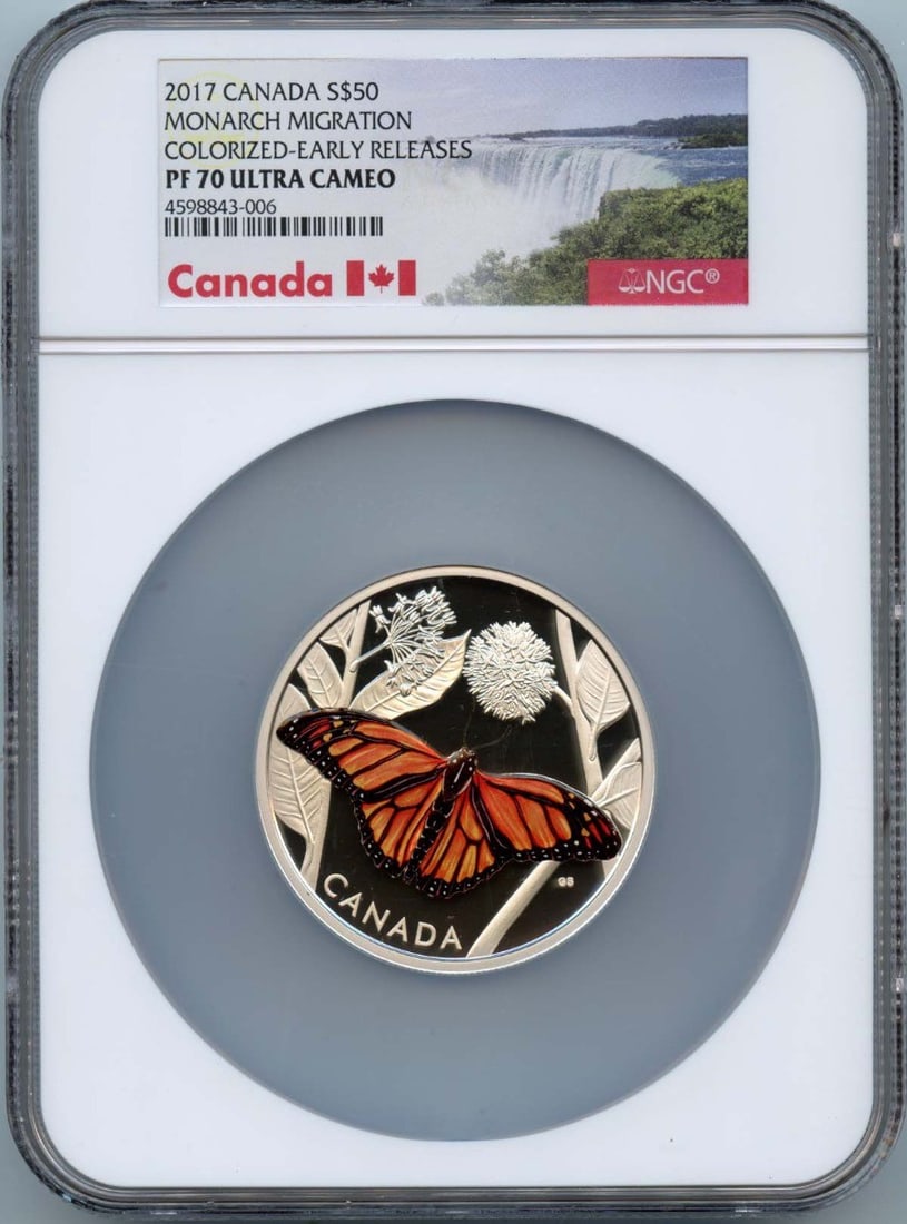 2017 Canada Monarch Migration Colorized S$50 NGC PR70DCAM: 2017 Canada Monarch Migration Colorized S$50 NGC PR70DCAM This is a 2017 Canada Monarch Migration colorized $50 coin, graded PR70 by NGC. It features exquisite colorization that captures the essence o