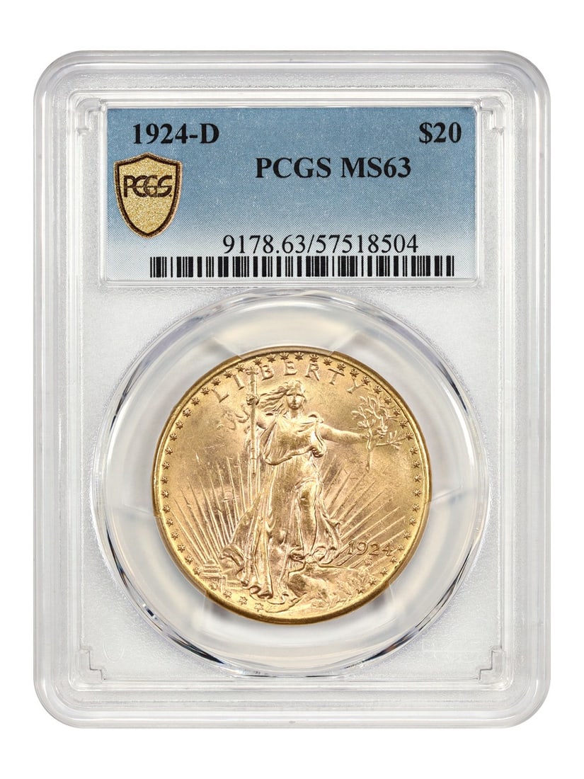 1924 Denver St. Gaudens $20 Gold Coin PCGS MS63: 1924 Denver St. Gaudens $20 Gold Coin PCGS MS63 This 1924-D St. Gaudens $20 gold coin is graded MS63 by PCGS and was struck at the Denver Mint. It is an uncirculated example from a series known for it
