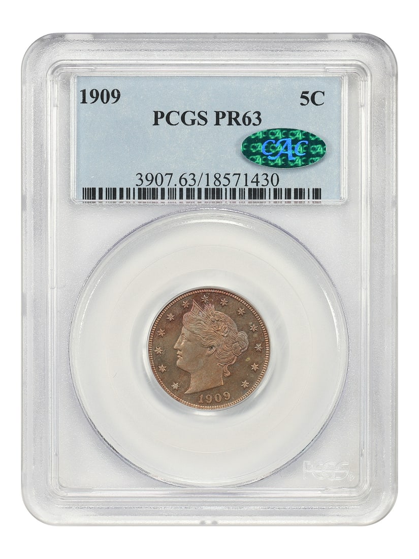 1909 Liberty Nickel Proof 5C PCGS CAC PR63 Philadelphia Mint: 1909 Liberty Nickel Proof 5C PCGS CAC PR63 Philadelphia Mint This 1909 Liberty Nickel is a proof type coin graded PR63 by PCGS and certified by CAC. It is uncirculated and was minted in Philadelphia,