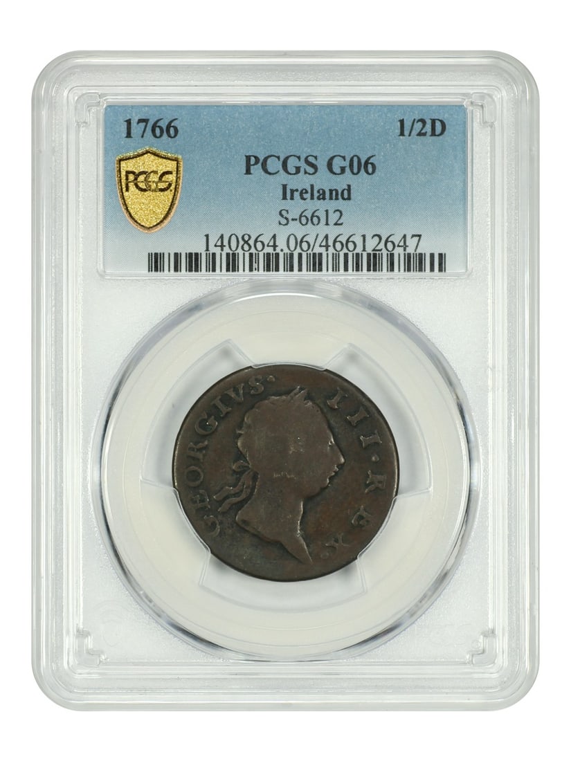 Ireland 1766 1/2D Coin PCGS G06 Historic Numismatic Item: Ireland 1766 1/2D Coin PCGS G06 Historic Numismatic Item This item features a 1766 1/2D coin from Ireland, attributed to the reign of George III. Although no royal British halfpence were minted betwee