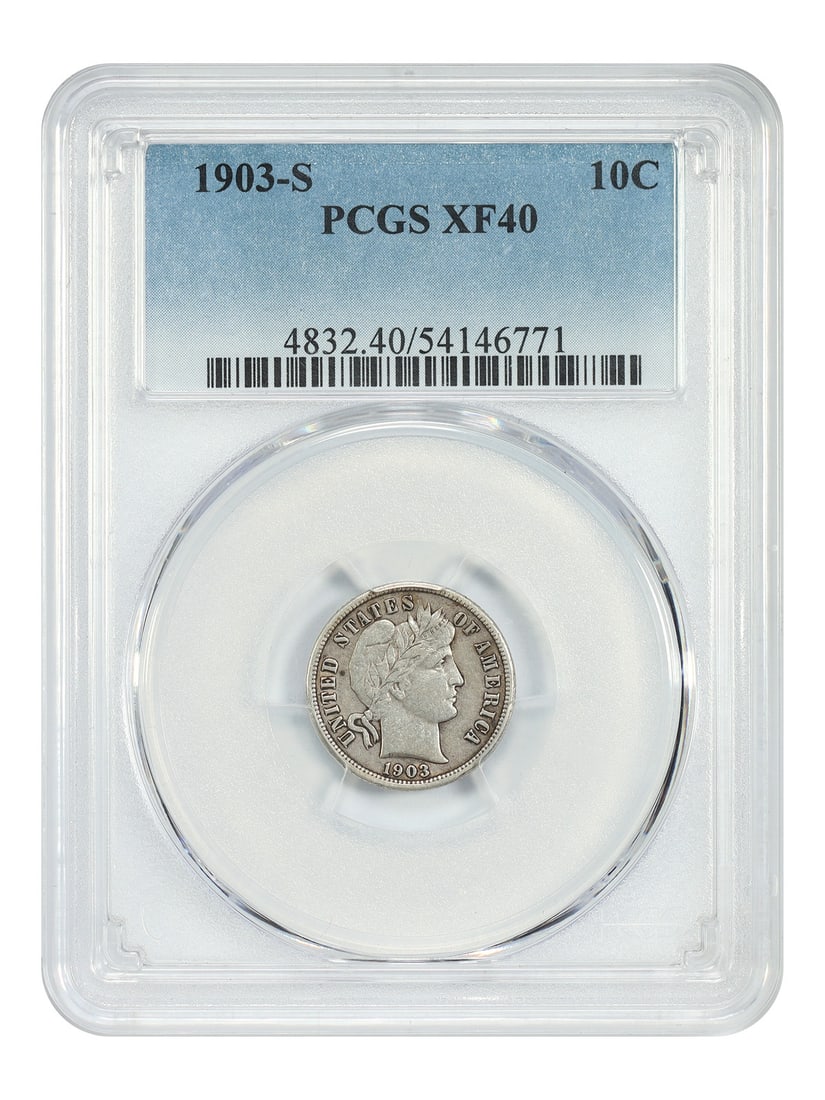 PCGS XF40 1903 San Francisco Barber Dime Key Date Coin: PCGS XF40 1903 San Francisco Barber Dime Key Date Coin This 1903-S Barber Dime is a key date from the renowned Barber Dime series. Certified by PCGS with a grade of XF40, this circulated coin was mint