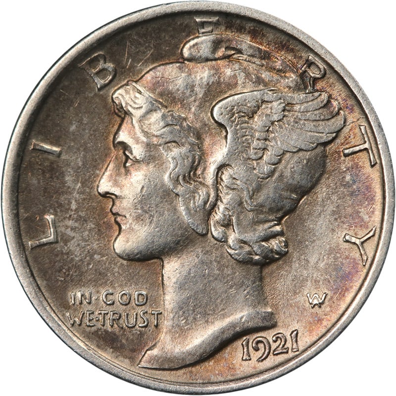1921-D Mercury Dime Silver Full Bands Choice AU/BU Uncertified: 1921-D Mercury Dime Silver Full Bands Choice AU/BU Uncertified This 1921-D Mercury Dime features a strong strike and appealing luster, categorized as Choice AU/BU Details. The coin has a beautiful app