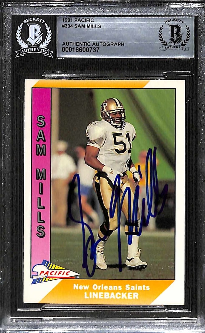 Sam Mills Autographed 1991 Pacific #334 Football Card Beckett Authenticated: Sam Mills Autographed 1991 Pacific #334 Football Card Beckett Authenticated This is an original 1991 Pacific #334 sports trading card featuring Sam Mills of the New Orleans Saints, a Pro Football Hall
