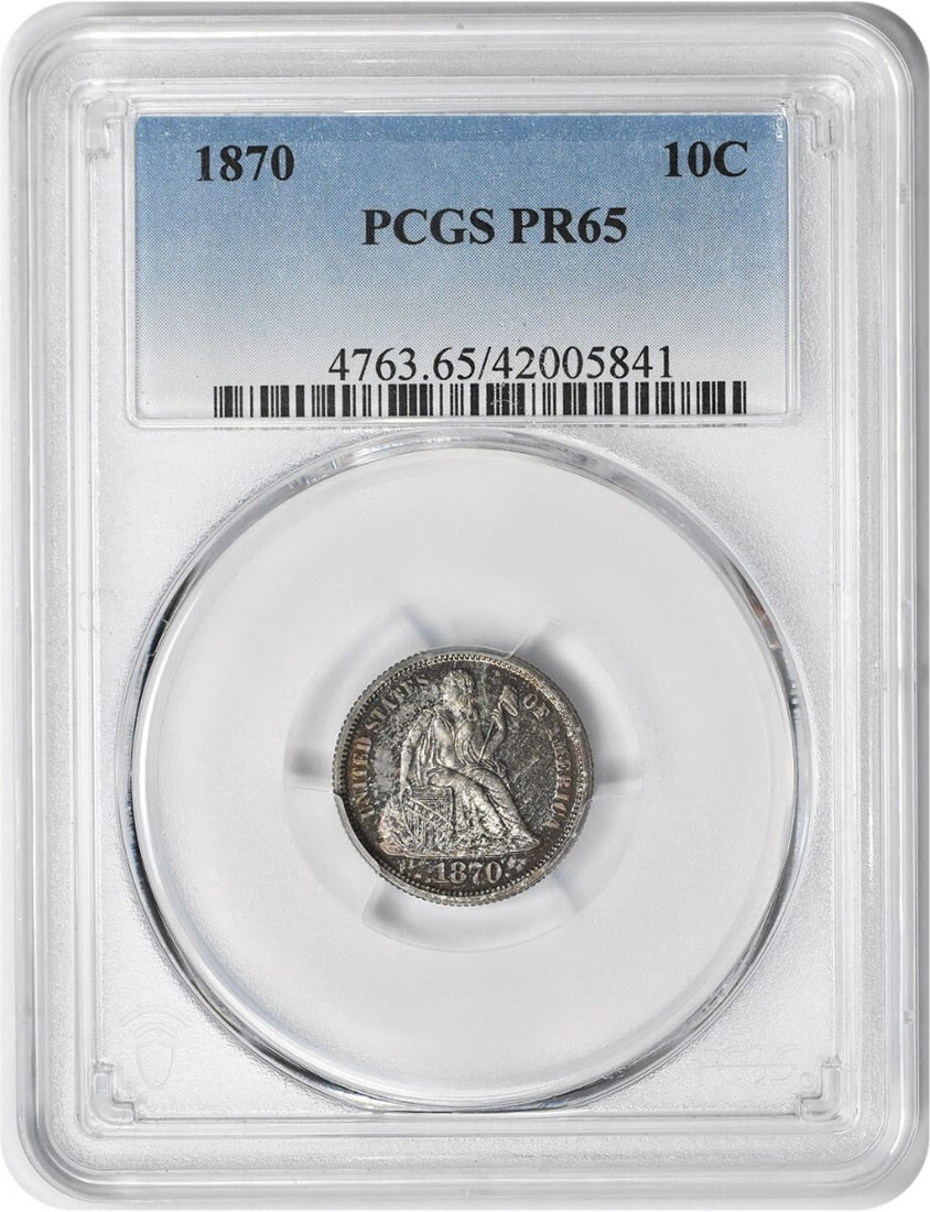 1870 Liberty Seated Silver Dime PR65 Proof PCGS 90% Silver: 1870 Liberty Seated Silver Dime PR65 Proof PCGS 90% Silver This 1870 Liberty Seated Silver Dime is a remarkable piece for any coin collector. It features a Proof strike and has been graded PR65 by PCG