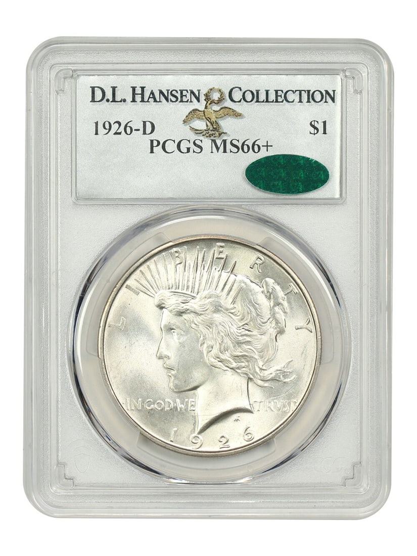 1926-D Peace Dollar $1 PCGS MS66+ D.L. Hansen Certified: 1926-D Peace Dollar $1 PCGS MS66+ D.L. Hansen Certified This 1926-D Peace Dollar, certified by PCGS with a grade of MS66+, is a stunning example from the Denver Mint. The coin showcases satiny surface