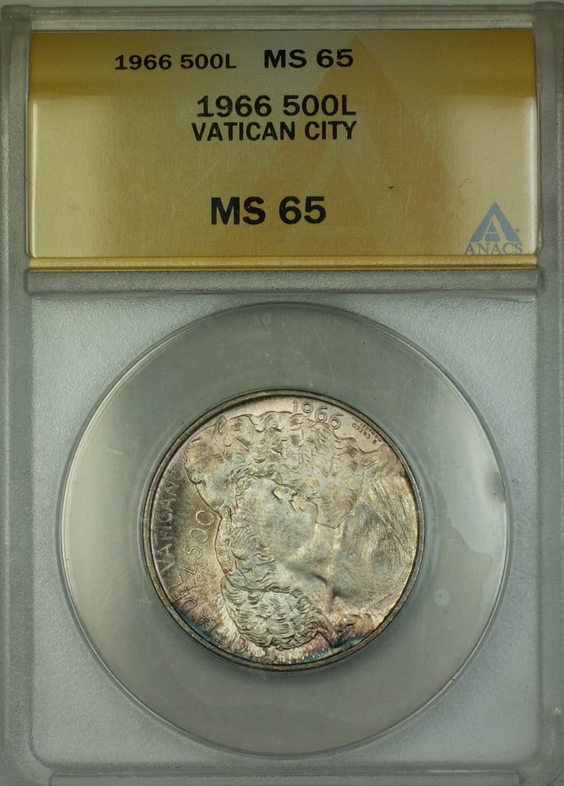 500 Lire Silver Coin 1966 Vatican City ANACS MS 65 Uncirculated: 500 Lire Silver Coin 1966 Vatican City ANACS MS 65 Uncirculated This is a 1966 Vatican City 500 Lire silver coin graded MS-65 Gem Brilliant Uncirculated by ANACS. The coin is uncirculated and composed