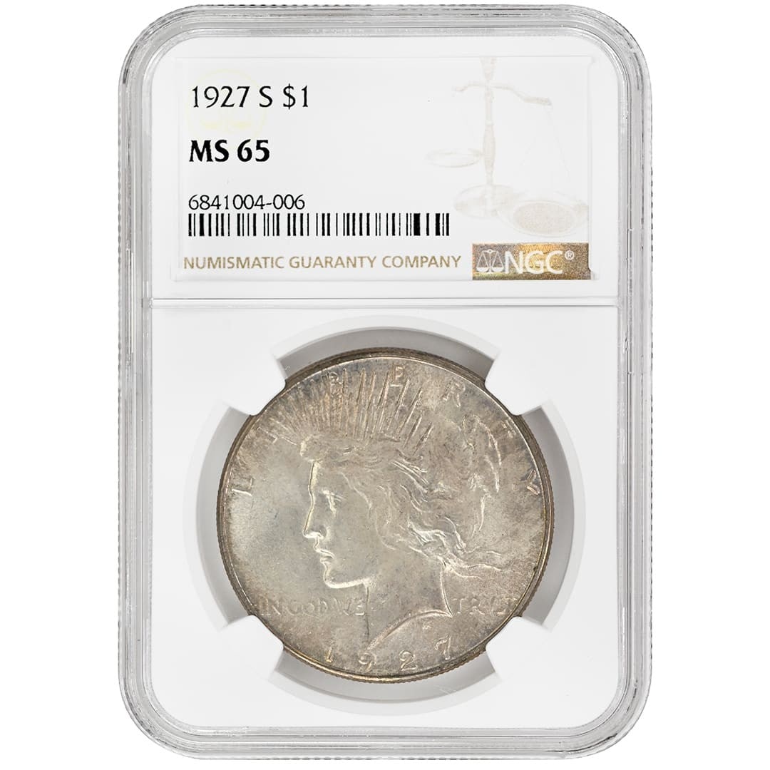 NGC MS65 1927-S Peace Silver Dollar from San Francisco: NGC MS65 1927-S Peace Silver Dollar from San Francisco This 1927-S Peace Dollar is an un-used $1 silver coin minted in San Francisco. Certified by NGC with a grade of MS65, this rare coin features Typ
