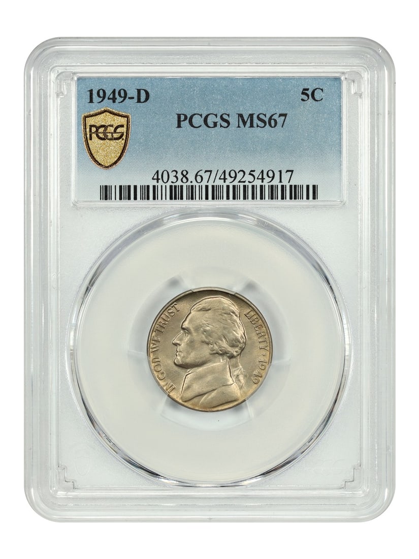 1949 Denver Jefferson Nickel 5C PCGS MS67 Certified Uncirculated Coin: 1949 Denver Jefferson Nickel 5C PCGS MS67 Certified Uncirculated Coin This is a 1949-D Jefferson Nickel graded MS67 by PCGS. It is an uncirculated coin minted in Denver and certified by PCGS, making i