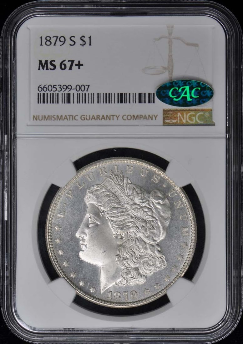 1879-S Morgan Dollar NGC MS67+ CAC Uncirculated San Francisco: 1879-S Morgan Dollar NGC MS67+ CAC Uncirculated San Francisco This 1879-S Morgan Dollar is a stunning example of numismatic history, certified by NGC with an impressive grade of MS67+. The coin, minte