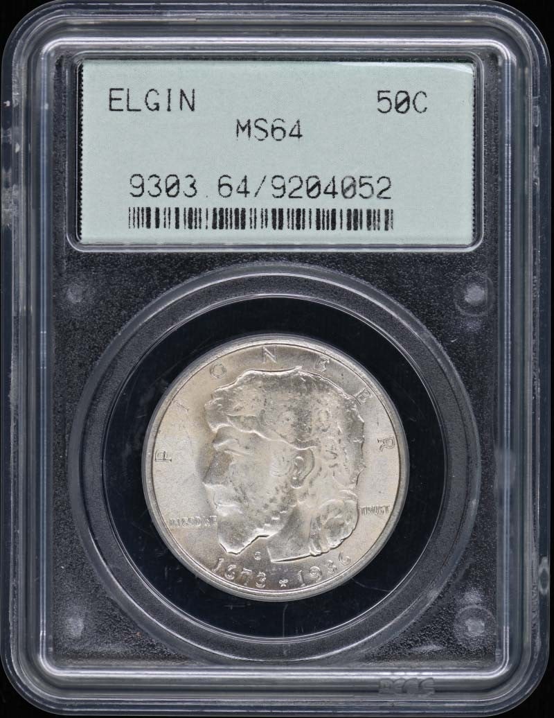 1936 Elgin 50 Cent Silver Commemorative PCGS MS64 Scarce Razor Edge: 1936 Elgin 50 Cent Silver Commemorative PCGS MS64 Scarce Razor Edge This is a 1936 Elgin 50-cent silver commemorative coin, graded MS64 by PCGS. The coin is uncirculated and was minted in Philadelphia