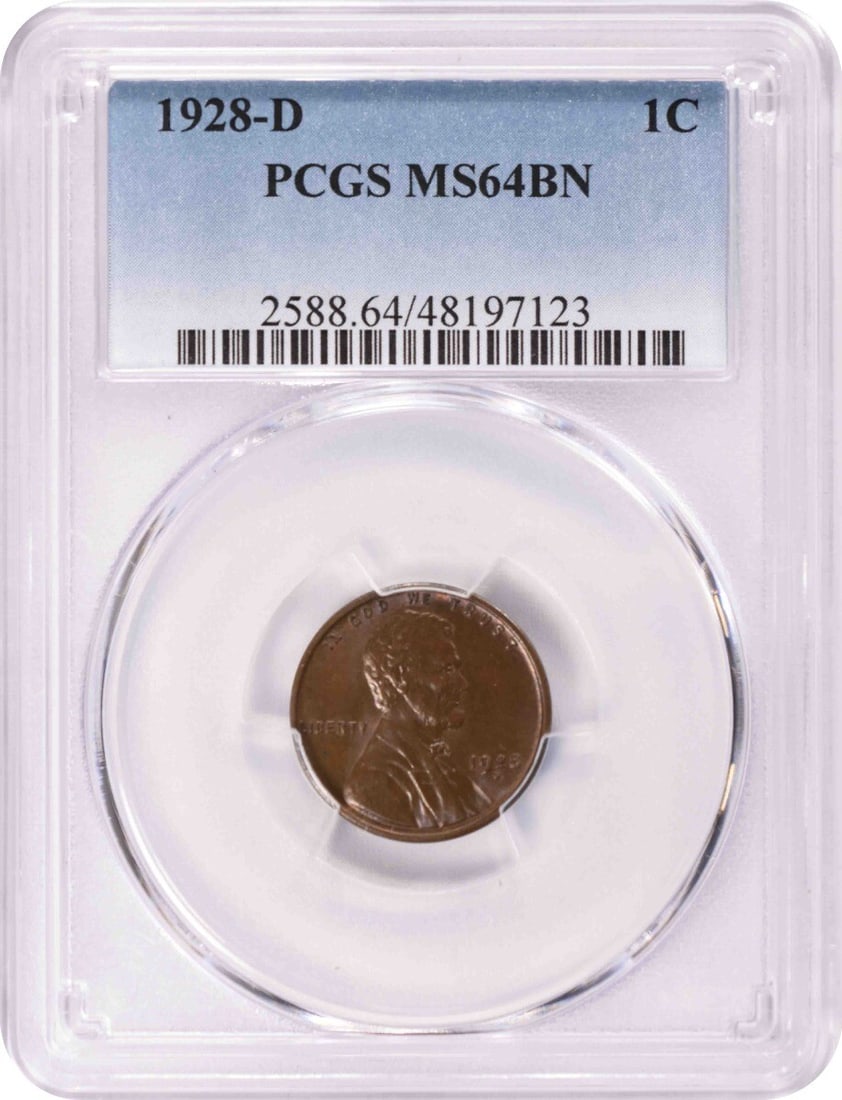 1928-D Lincoln Wheat Cent MS64BN PCGS Uncirculated Denver Mint: 1928-D Lincoln Wheat Cent MS64BN PCGS Uncirculated Denver Mint This 1928-D Lincoln Cent, graded MS64BN by PCGS, showcases the iconic Lincoln Wheat design by Victor David Brenner. It is an uncirculated