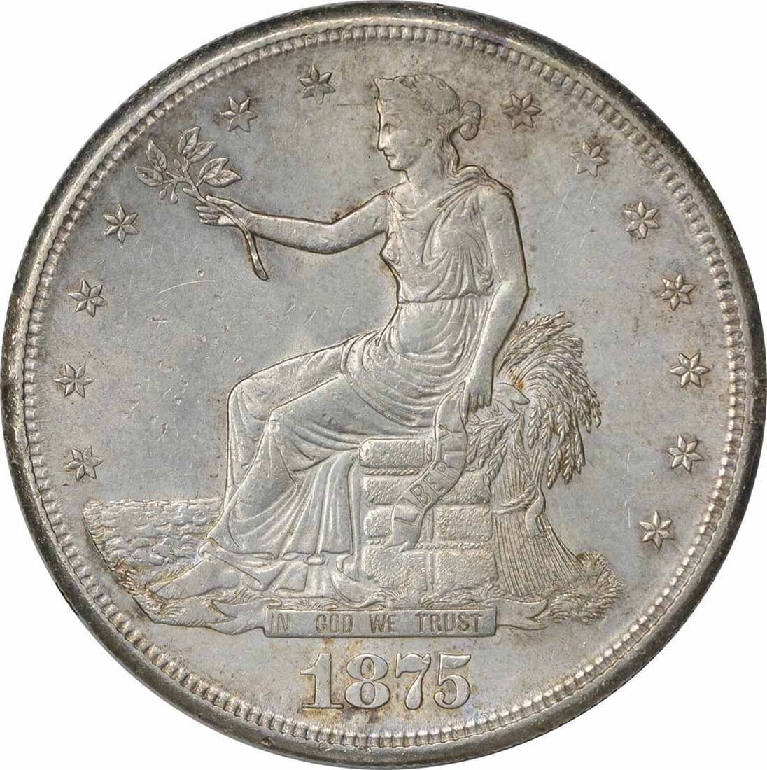 1875-S Uncertified Trade Silver Dollar $1 Coin Uncirculated: 1875-S Uncertified Trade Silver Dollar $1 Coin Uncirculated This 1875-S Trade Silver Dollar is an uncirculated coin that showcases the intricate design typical of the Trade Dollar series. Made of silv