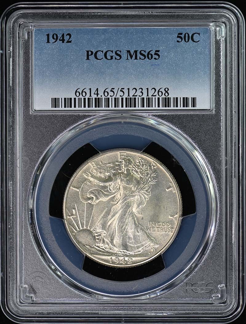 1942 Walking Liberty Half Dollar PCGS MS65 Uncirculated: 1942 Walking Liberty Half Dollar PCGS MS65 Uncirculated This 1942 Walking Liberty Half Dollar is graded MS65 by PCGS, ensuring its high quality and preservation. It was minted in Philadelphia and is c