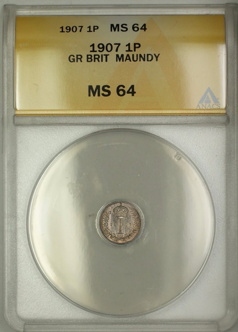 1907 Silver Maundy Penny from Great Britain ANACS MS 64 Certified: 1907 Silver Maundy Penny from Great Britain ANACS MS 64 Certified This is a 1907 Great Britain King Edward VII Maundy 1 penny silver coin. Certified by ANACS with a grade of MS-64, this uncirculated c
