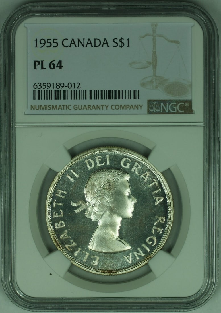 NGC PL-64 Graded 1955 Canadian Dollar Coin: NGC PL-64 Graded 1955 Canadian Dollar Coin This is a 1955 Canada One Dollar coin graded PL-64 by NGC. The coin is uncirculated and features a fineness of 0.8. It is an officially certified piece, maki