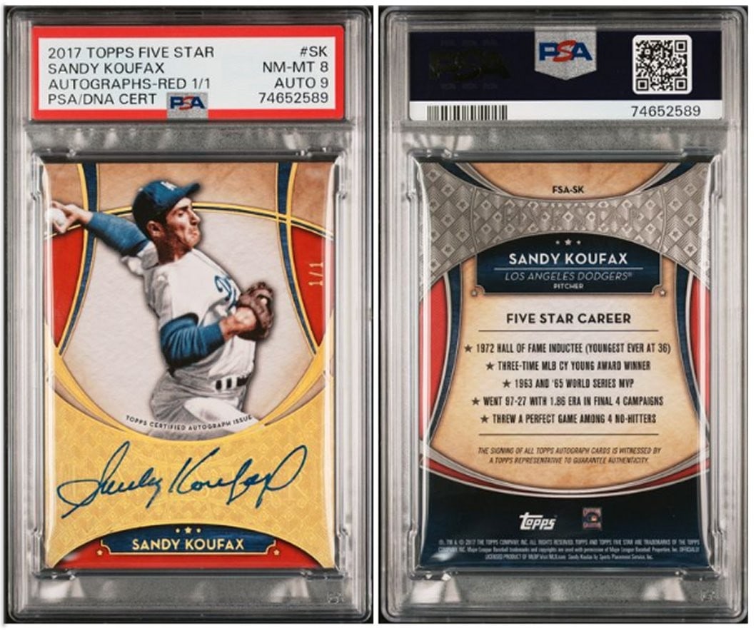 Sandy Koufax 2017 Topps Five Star Signed Card Graded PSA 8: Sandy Koufax 2017 Topps Five Star Signed Card Graded PSA 8 This is a signed Sandy Koufax baseball card from the 2017 Topps Five Star collection, featuring the legendary pitcher of the Los Angeles Dodg