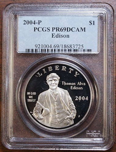 PCGS PR69 DCAM 2004 Philadelphia Thomas Edison Proof Silver Dollar (1 of 2)
