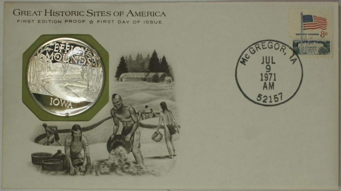 Silver Proof Medal First Day Cover 1971 Effigy Mounds McGregor Iowa: Silver Proof Medal First Day Cover 1971 Effigy Mounds McGregor Iowa This 1971 Effigy Mounds Great Historic Site medal features a proof silver composition and comes in a First Day Cover. It is uncircul