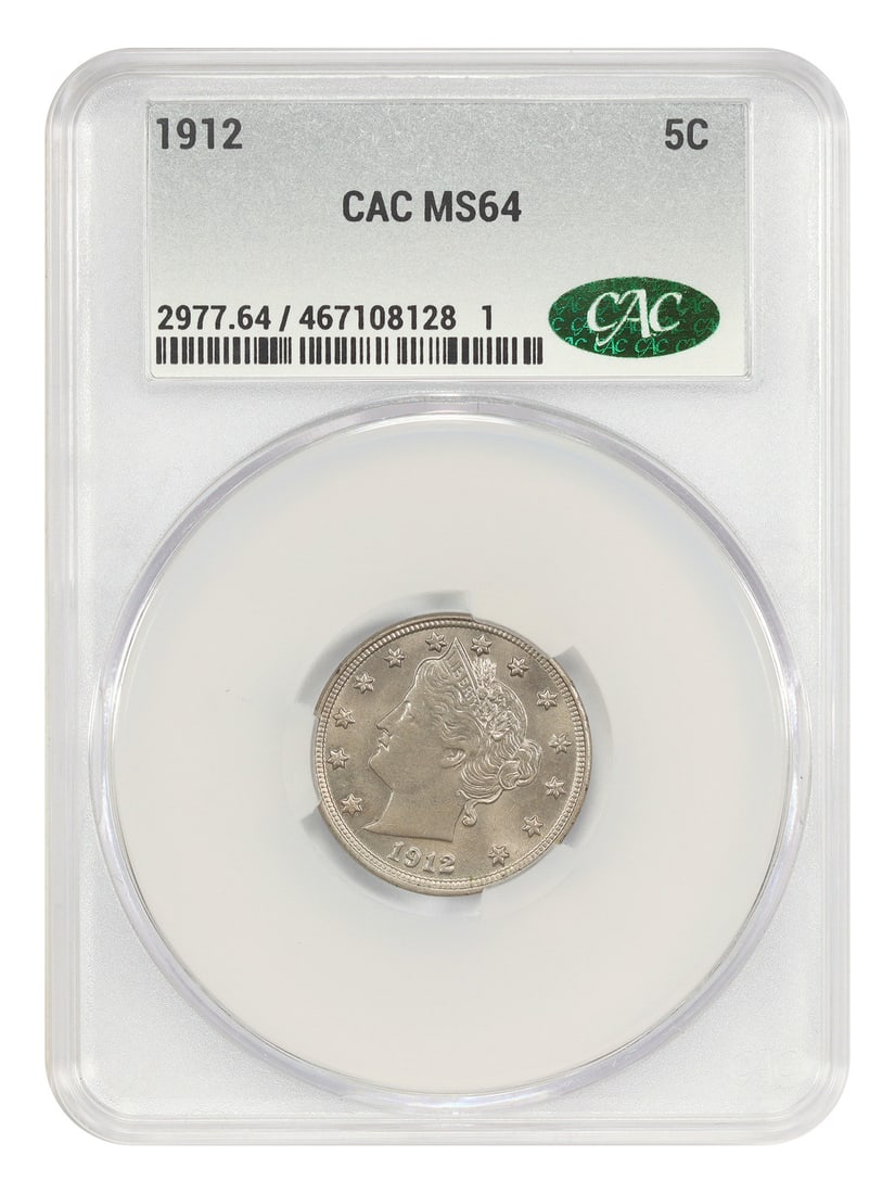 1912 Liberty Nickel 5 Cent Uncirculated MS64 CACG Certified: 1912 Liberty Nickel 5 Cent Uncirculated MS64 CACG Certified This 1912 Liberty Nickel is graded MS64 by CACG, indicating a high-quality uncirculated coin. Minted in Philadelphia, it features the classi