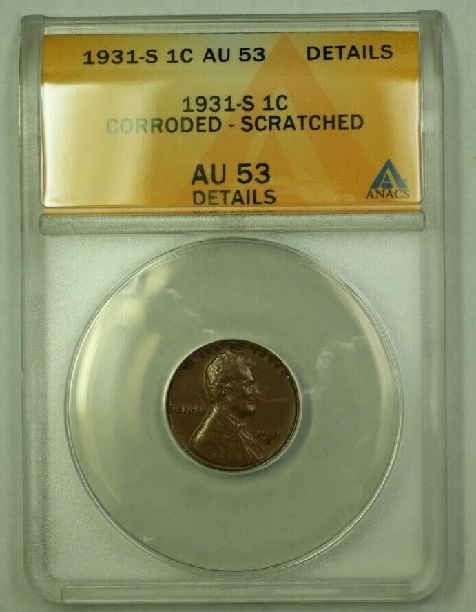 ANACS AU-53 1931-S Lincoln Wheat Cent Copper Coin With Scratches and Corrosion: ANACS AU-53 1931-S Lincoln Wheat Cent Copper Coin With Scratches and Corrosion 1931-S Lincoln Wheat Cent graded AU-53 by ANACS. This circulated coin, minted in San Francisco, is composed of copper and