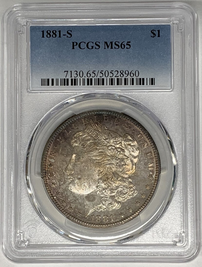 Toned 1881-S Morgan Silver Dollar PCGS MS 65 Certified Coin: Toned 1881-S Morgan Silver Dollar PCGS MS 65 Certified Coin This 1881-S Morgan Silver Dollar is a collectible coin from the United States, featuring attractive toning and graded MS 65 by PCGS. The coi