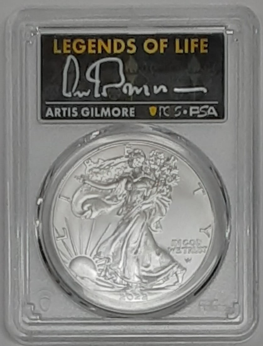 Artis Gilmore Signed 2022-W American Silver Eagle 1 oz PCGS MS-70 First Strike: Artis Gilmore Signed 2022-W American Silver Eagle 1 oz PCGS MS-70 First Strike This 2022-W American Silver Eagle $1 coin is made from one troy ounce of .999 fine silver. It is graded MS-70 by PCGS and