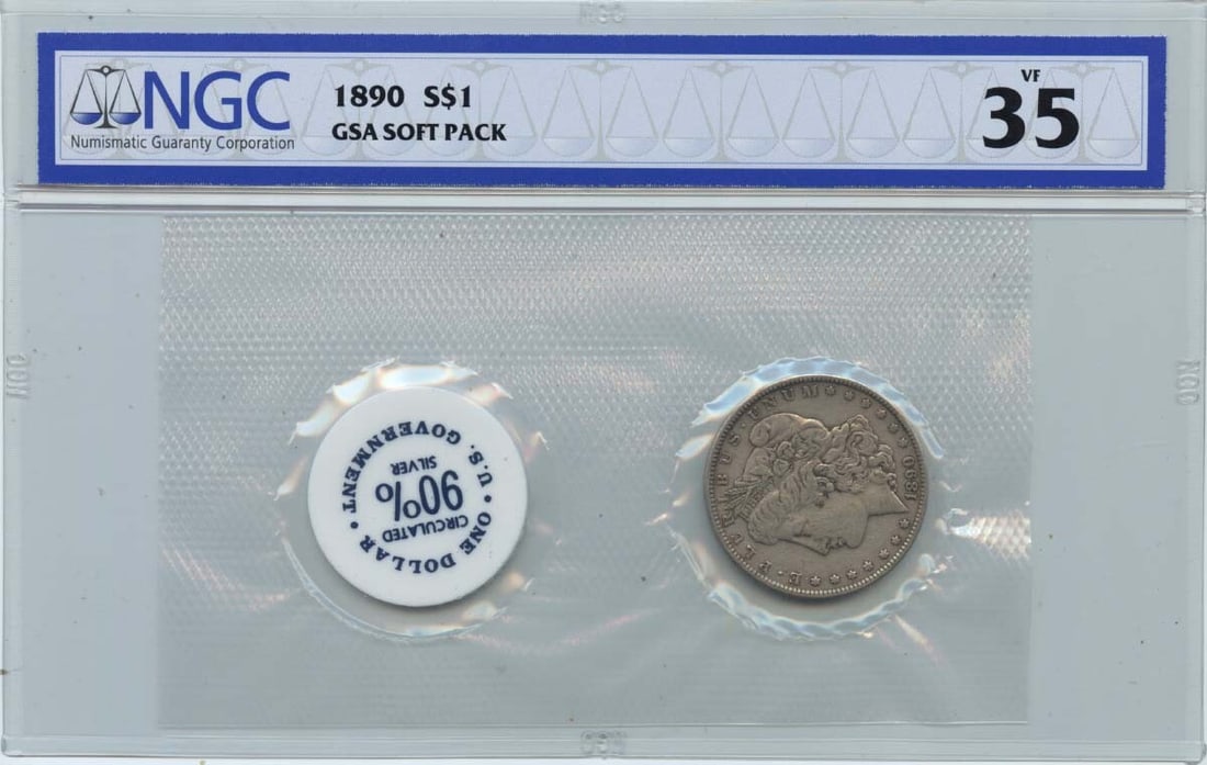 1890 Morgan Dollar GSA Soft Pack NGC VF35 Silver Coin: 1890 Morgan Dollar GSA Soft Pack NGC VF35 Silver Coin This 1890 Morgan Dollar is an excellent addition to any coin collection, featuring a certification from NGC with a grade of VF35. This coin was mi