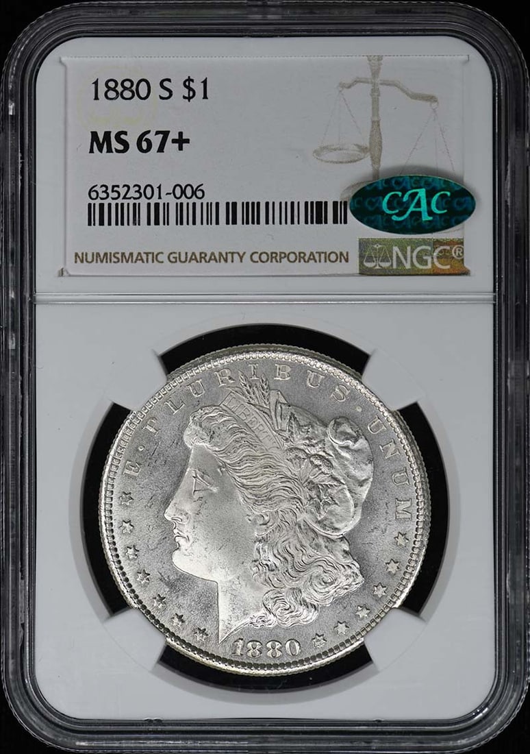 1880-S Morgan Dollar NGC MS67+ CAC Uncirculated Coin: 1880-S Morgan Dollar NGC MS67+ CAC Uncirculated Coin This stunning 1880-S Morgan Dollar is certified by NGC with a remarkable grade of MS67+, reflecting its uncirculated condition. Minted in San Franc