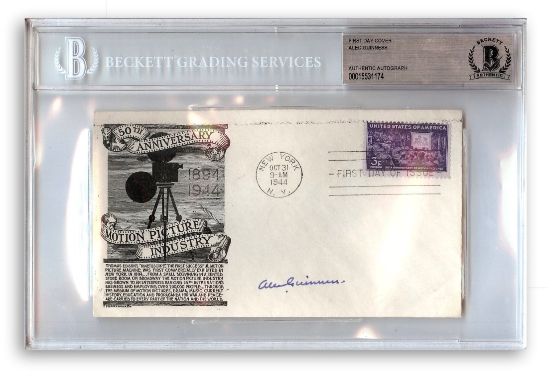 Alec Guinness Signed Star Wars First Day Cover Obi-Wan Kenobi Beckett Authenticated: Alec Guinness Signed Star Wars First Day Cover Obi-Wan Kenobi Beckett Authenticated This Alec Guinness signed autograph features a First Day Cover commemorating Star Wars and the iconic character Obi