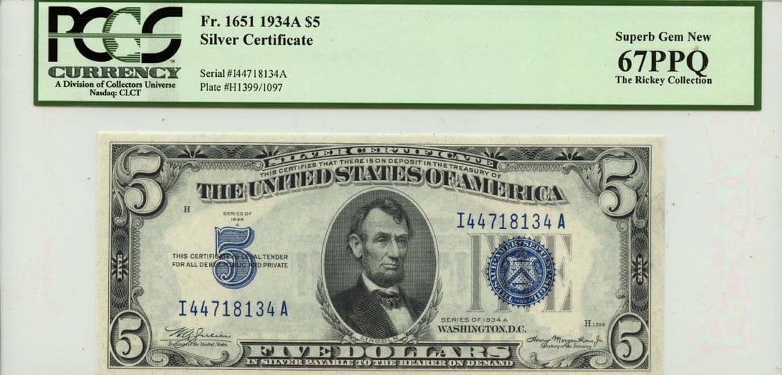 1934A $5 Silver Certificate FR#1651 PCGS MS67 Gem Uncirculated: 1934A $5 Silver Certificate FR#1651 PCGS MS67 Gem Uncirculated This 1934A $5 Silver Certificate, designated as FR#1651, is a remarkable piece of currency certified by PCGS with a grade of Superb Gem 6