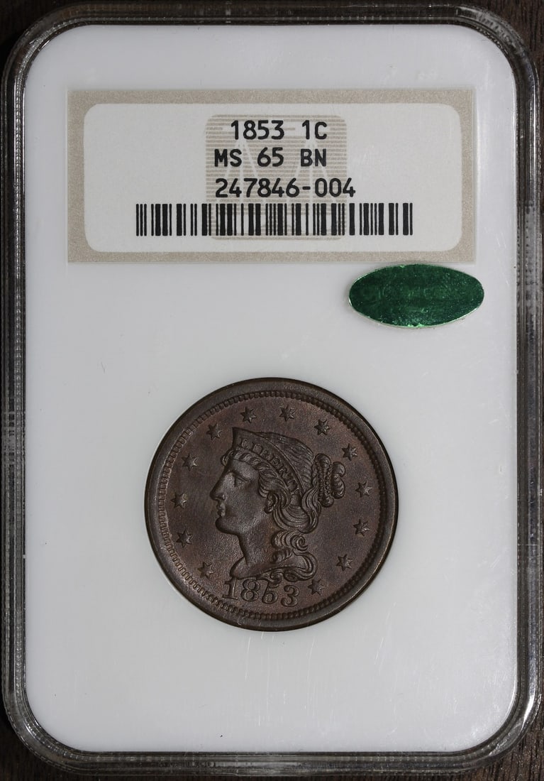 1853 Braided Hair Large Cent MS65 BN CAC Certified by NGC: 1853 Braided Hair Large Cent MS65 BN CAC Certified by NGC This 1853 Braided Hair Large Cent features a brown (BN) color and is graded MS65 by NGC, with CAC approval. Struck in copper at the Philadelph