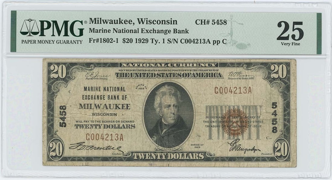 1929 $20 Marine NB Milwaukee CH# 5458 PMG VF 25 Currency Note: 1929 $20 Marine NB Milwaukee CH# 5458 PMG VF 25 Currency Note This is a 1929 $20 Marine National Bank note from Milwaukee, Wisconsin, designated as CH# 5458. Graded as Very Fine 25 (VF25) by PMG, this