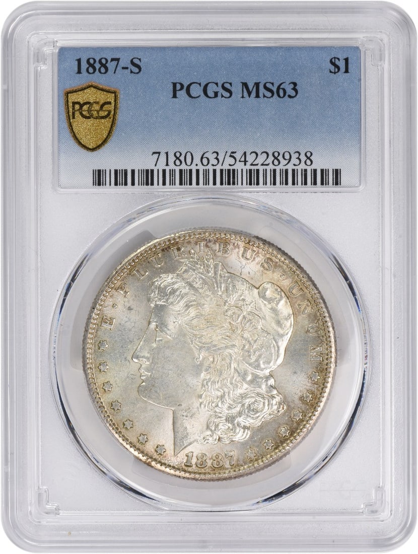 PCGS MS63 1887 San Francisco Morgan Dollar 90 Percent Silver Coin: PCGS MS63 1887 San Francisco Morgan Dollar 90 Percent Silver Coin This 1887-S Morgan Silver Dollar is certified MS63 by PCGS. Struck at the San Francisco Mint, it features a composition of 90% silver