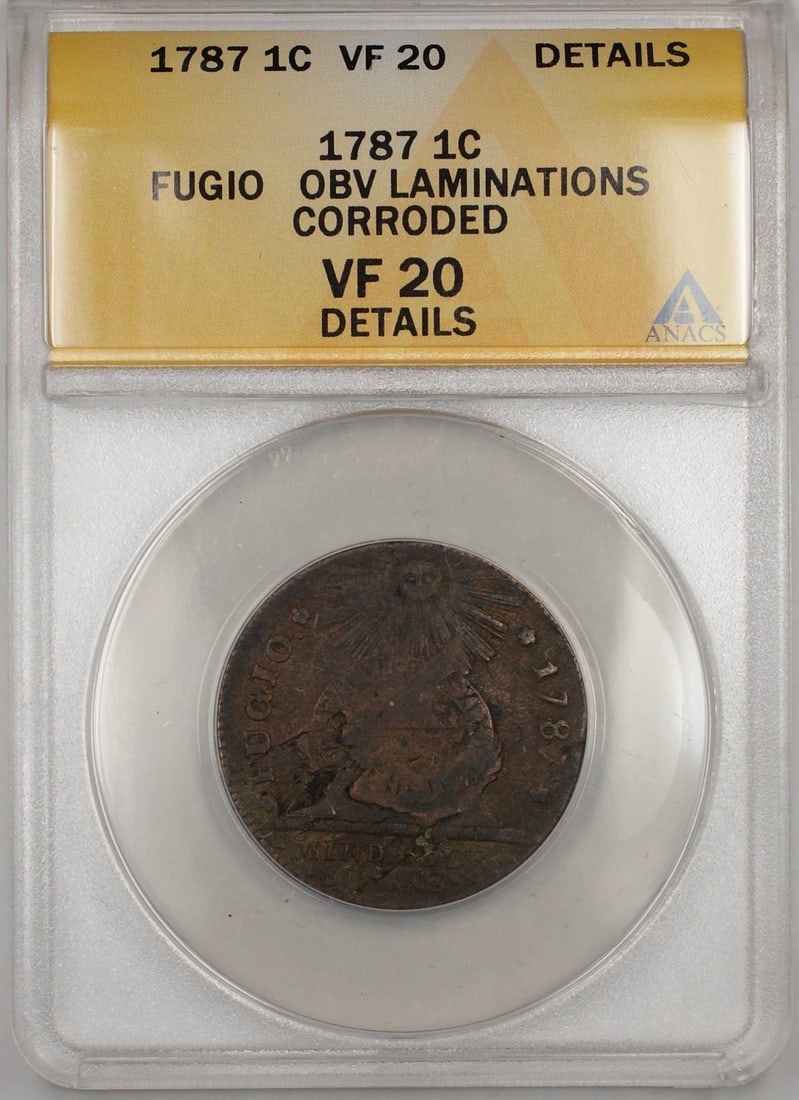 1787 Fugio Cent United States ANACS VF-20 Details Corroded Obverse: 1787 Fugio Cent United States ANACS VF-20 Details Corroded Obverse This is a 1787 Fugio Large Cent 1 cent coin from the United States. Certified by ANACS with a grade of VF 20 Details, the coin exhibi